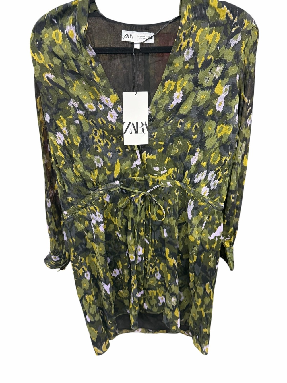 ZARA Olive Green Printed Tie-Waist Women's Mini Dress NWT